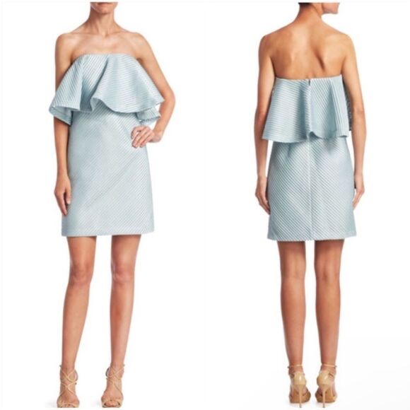 HALSTON HERITAGE | Strapless Flounce Ruffle Top Dress in Dew Women’s Size 10 - Picture 1 of 10